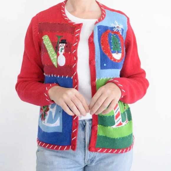 Vintage Tiara International Christmas Collection Red Knit NOEL Cardi Sweater S - Picture 2 of 11